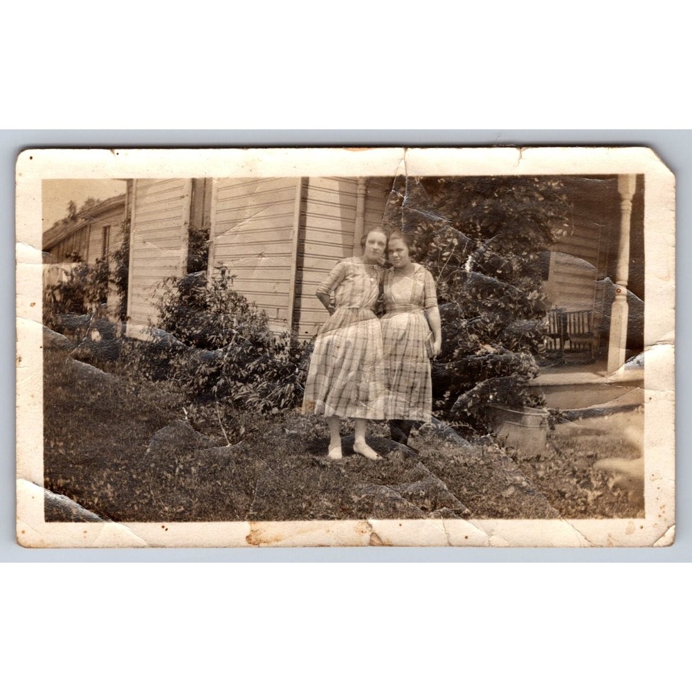 Two Young Women 1930s 1940s Snapshot Photograph Outdoor Portrait Vintage Fashion